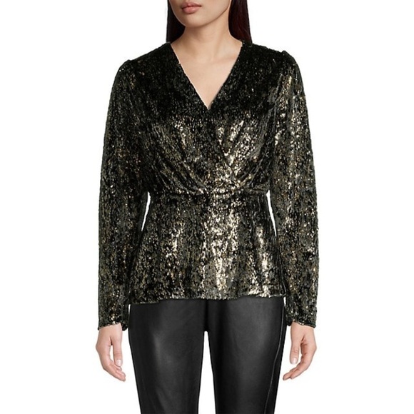 NWT Elie Tahari Holiday Festive Metallic Long Sleeve V-Neck Wrap Blouse Size XXS - Picture 1 of 11
